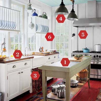 Farmhouse kitchen with zinc-top prep table and butcher block counters.