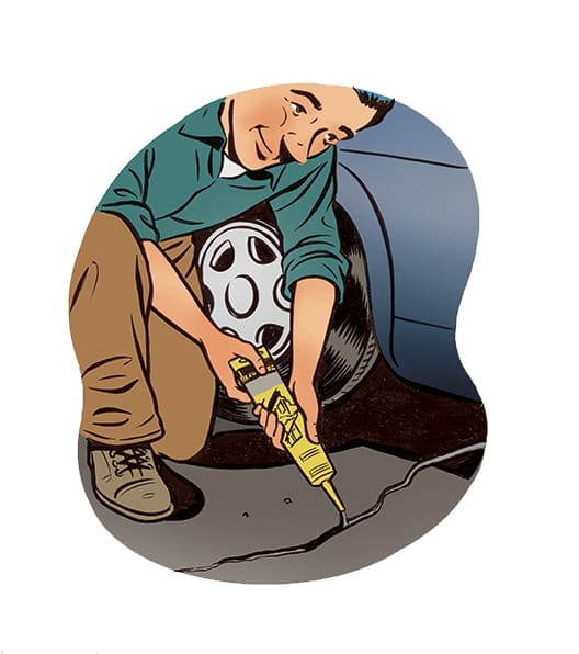 A cartoon drawing of a man filling a crack in a concrete driveway.