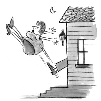 A cartoon of a man kicking his mother-in-law out of the house