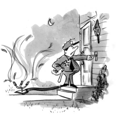 A cartoon of a police officer ringing a doorbell