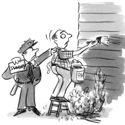 A cartoon or a police officer confronting a man painting his house