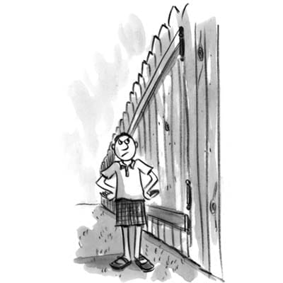 A cartoon of a man standing beside a tall fence