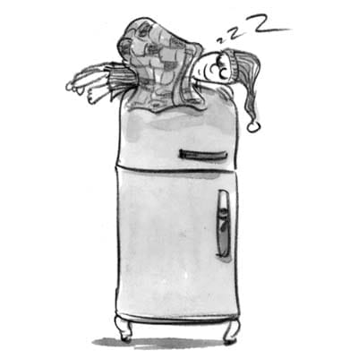 A cartoon of someone sleeping on top of a fridge