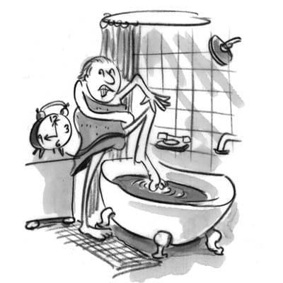 A cartoon of someone getting into the bathtub