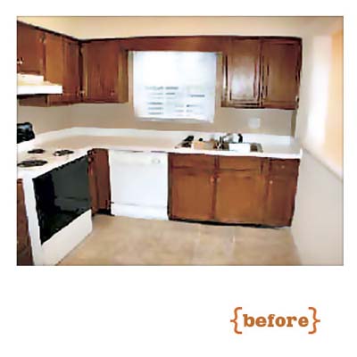 Original bland kitchen with white laminate counters and awkward appliance layout.
