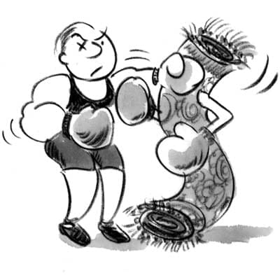 A cartoon of a man boxing a rug