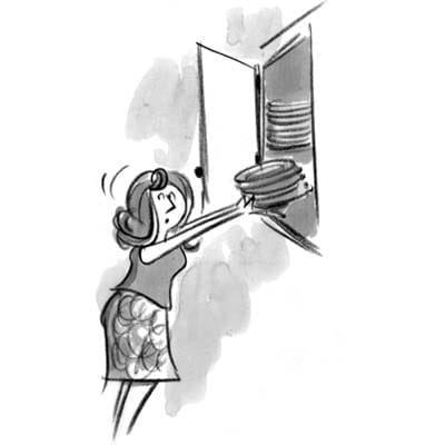 A drawing of a woman putting plates in cabinet