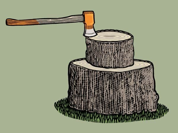An illustration showing how to split wood with an axe