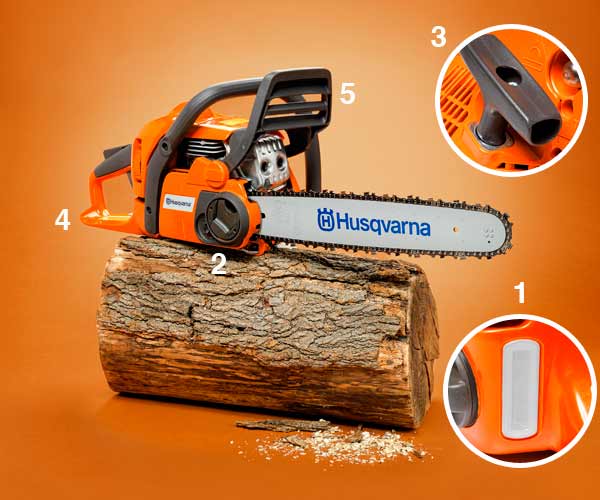 A diagram of the parts of a chainsaw.