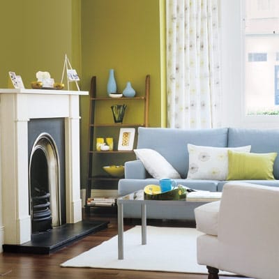 Blue and green painted living room.