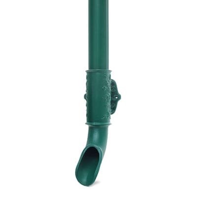 A green downspout with a decorative boot.