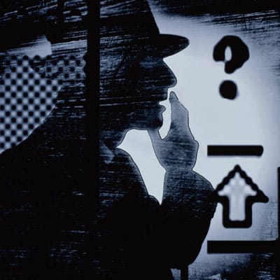 The silhouette of a man looking at a question mark icon.