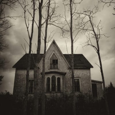 A haunted house in front of gray clouds and behind dying trees.