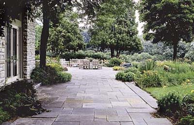 Patio with trees surrounding.