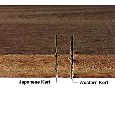 Image of the kerf from a Japanese handsaw versus a western saw kerf. Japanese handsaws have thinner blades and narrower kerfs. 