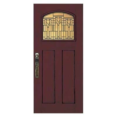A maroon fiberglass door with a leaded glass insert