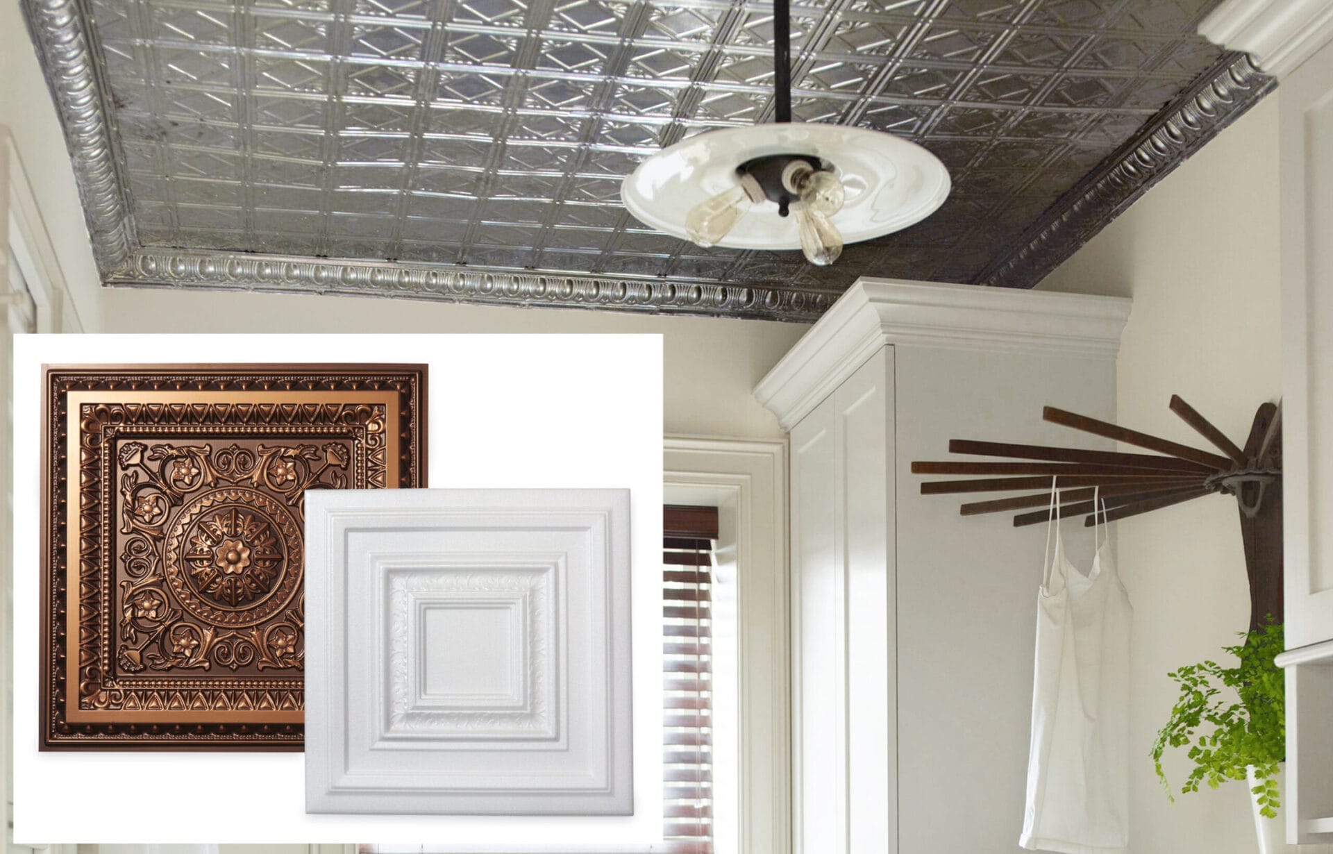 PVC and foam ceiling tiles featuring rosette and leaf motifs for Victorian-era appeal.