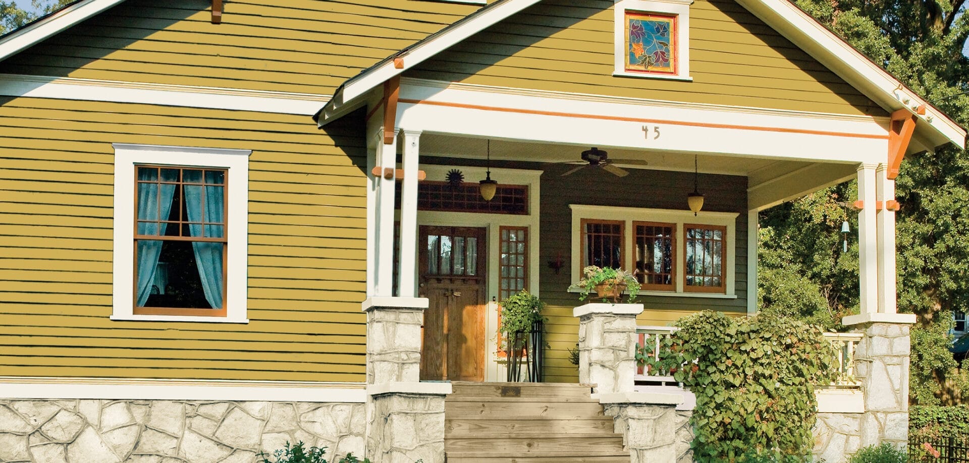 Close-up on the Craftsman front porch.
