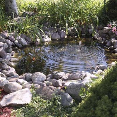 A pond with a fountain surrounded by stones.