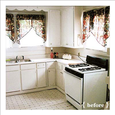 Before photo showing dirty white kitchen with worn vinyl flooring and grime.