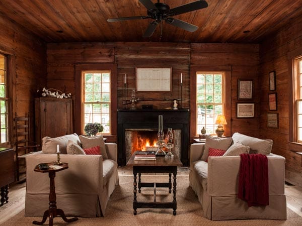 A pine-paneled living room