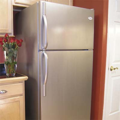 A faux stainless-steel refrigerator
