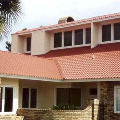 A building with fire resistant metal roofing.