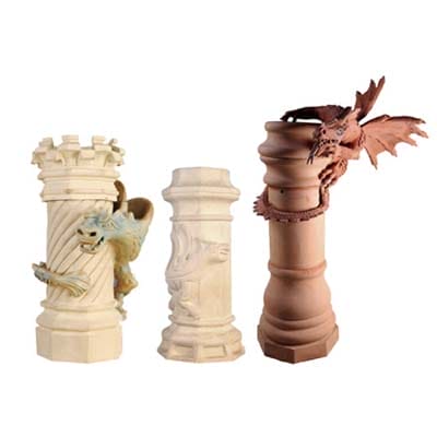 Chimney pots with dragons on top.