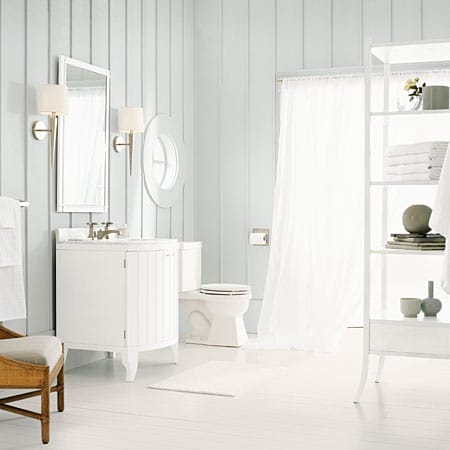 Light and airy bathroom with soft colors and straight lines.