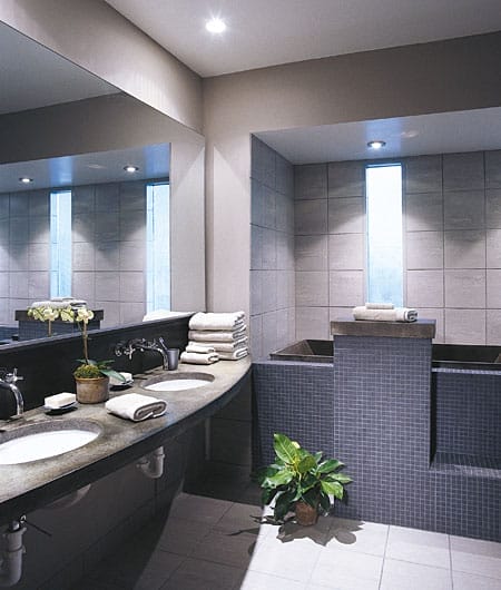 Spa-like bathroom retreat with muted grey and slate blue colors.