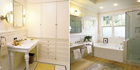 Separate his and hers bathrooms with console sinks.