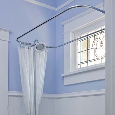 A stained-glass window in a bathroom