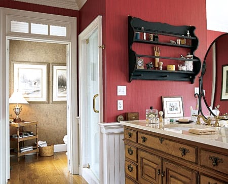 Master bathroom featuring antique bureau vanity.