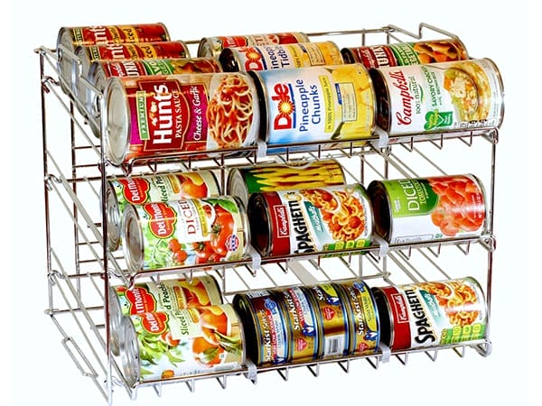 Canned food on a three-tiered silver rack.