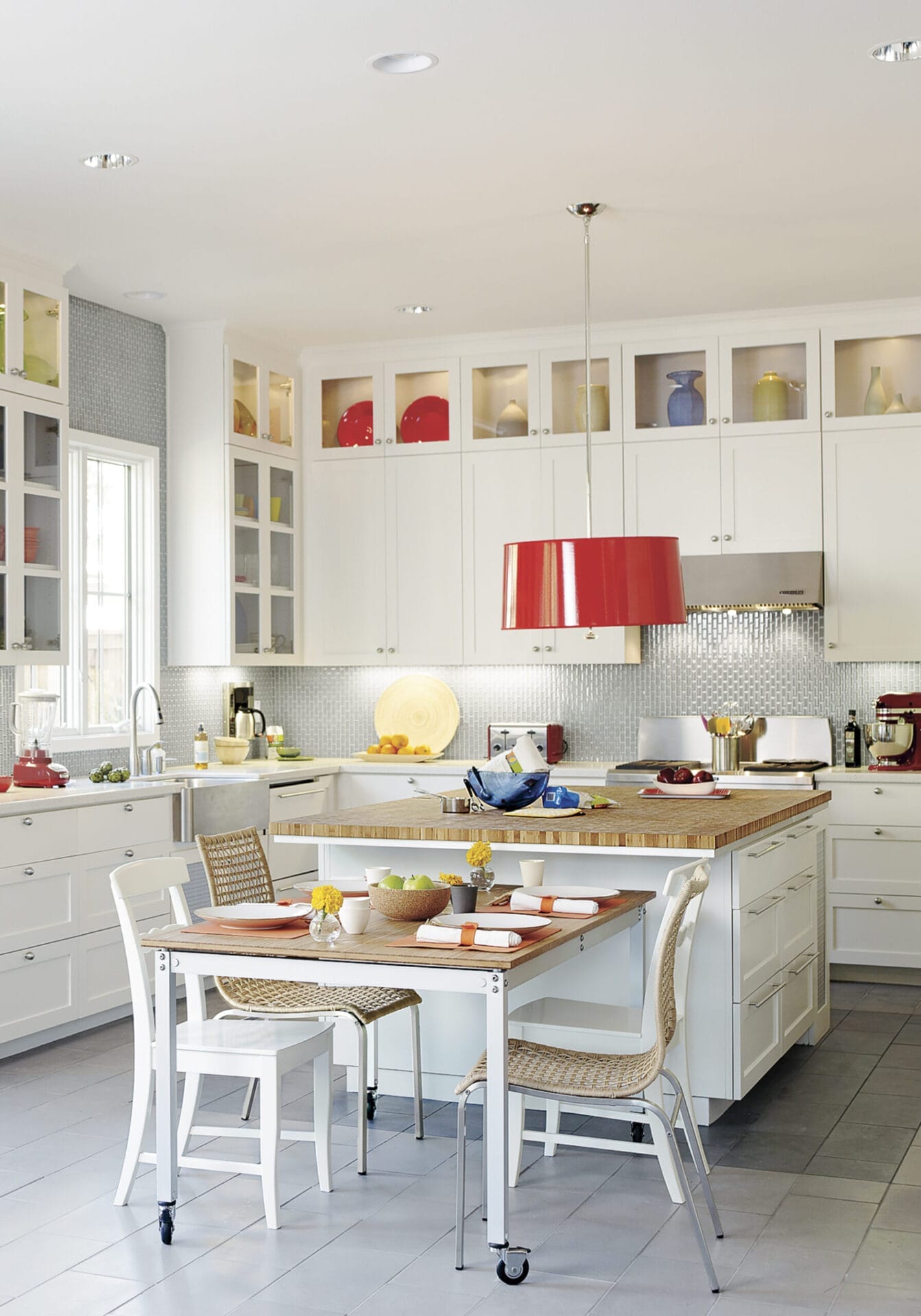 A modern cottage wooden countertop on a kitchen island.