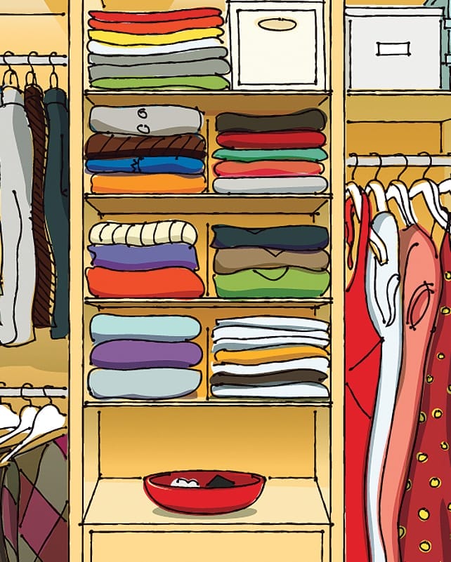 illustration of the proper way to add folded clothes to shelves in a closet