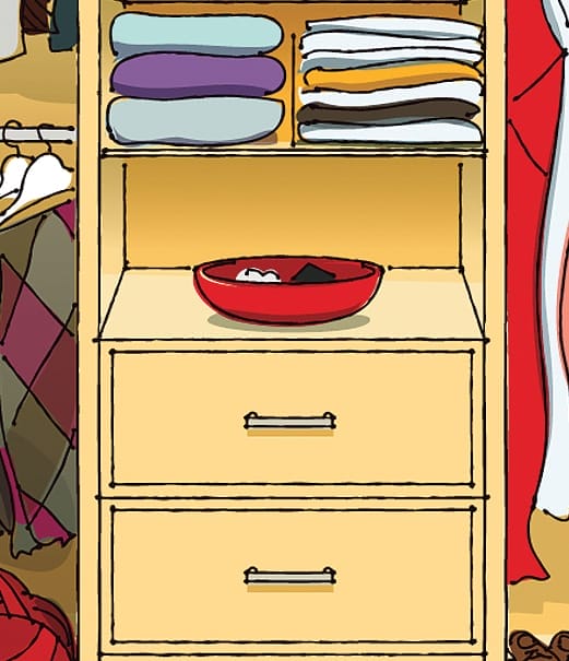 illustration of putting small items in their place in a closet