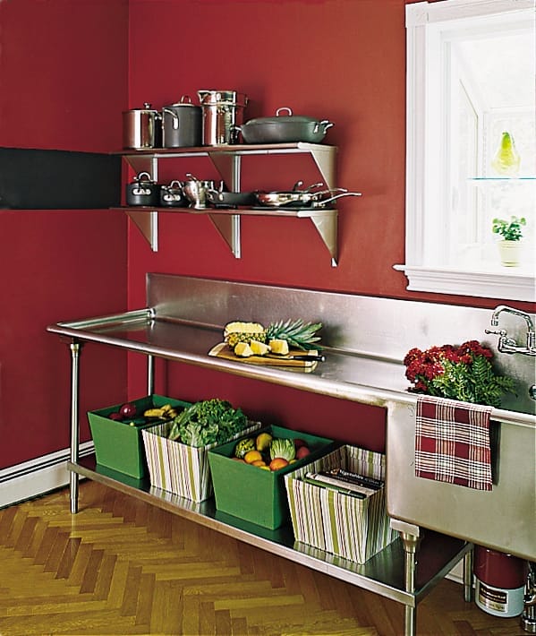 A metal counter and kitchen sink