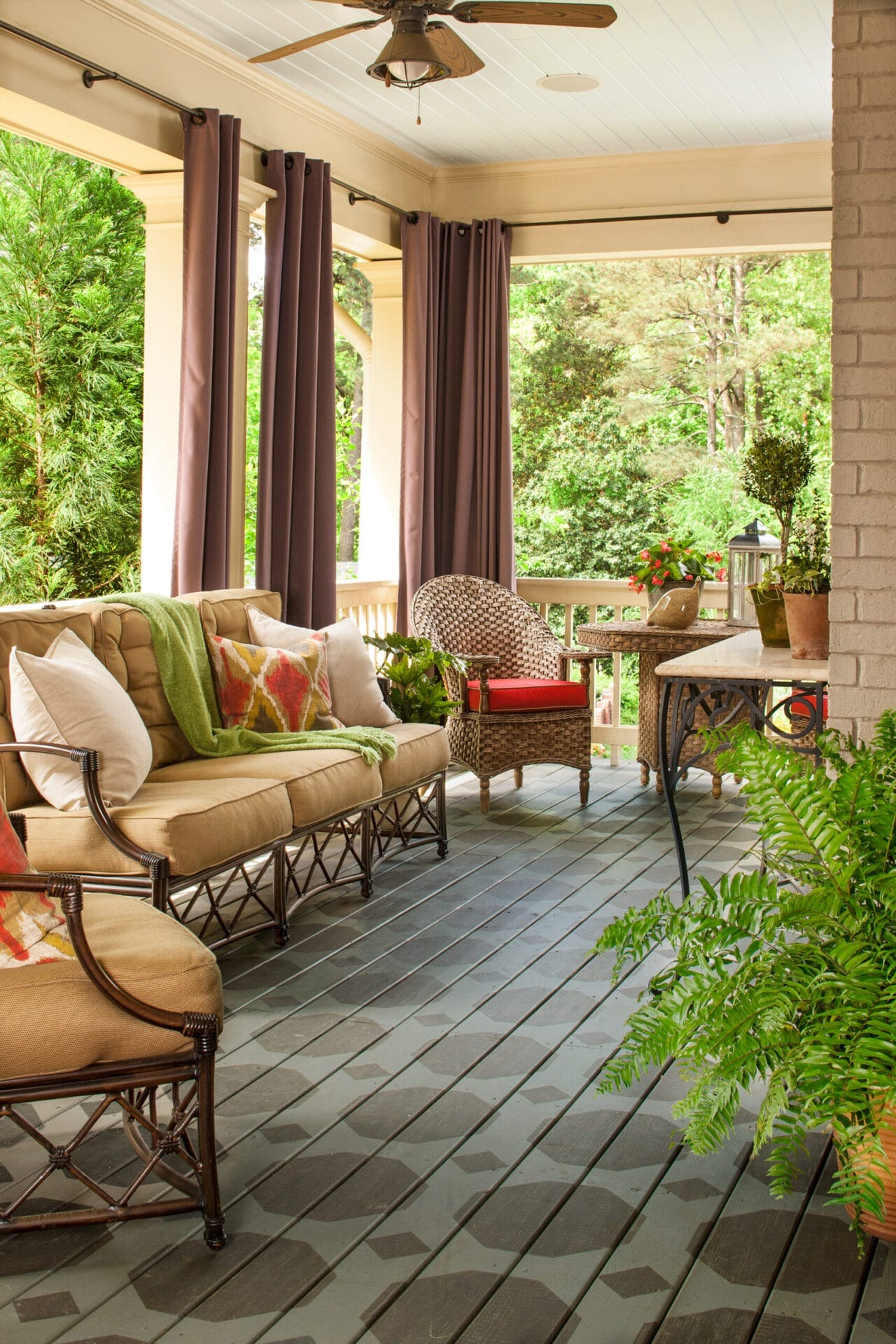 A geometric porch-floor pattern.