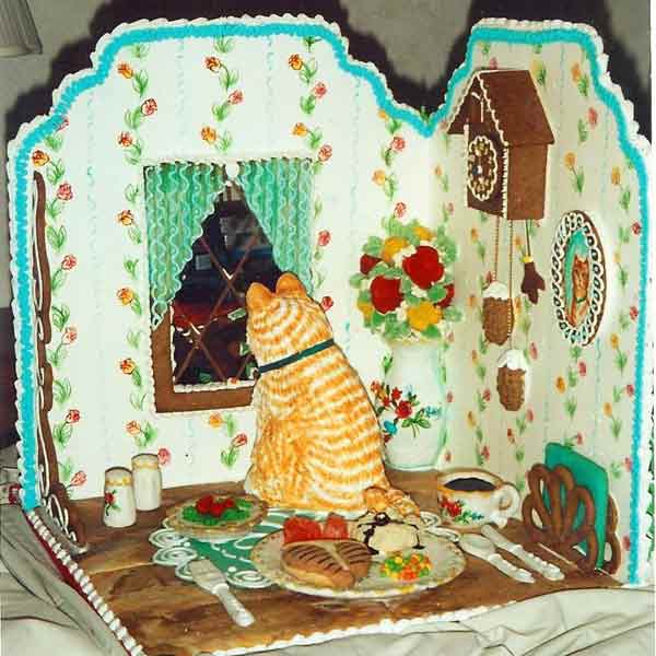 A scene of a cat eating dinner in a gingerbread house