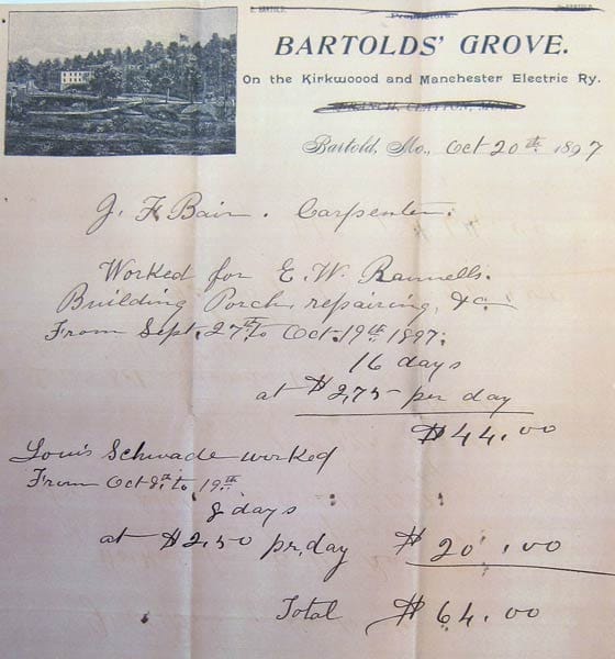 A receipt for construction of the side porch