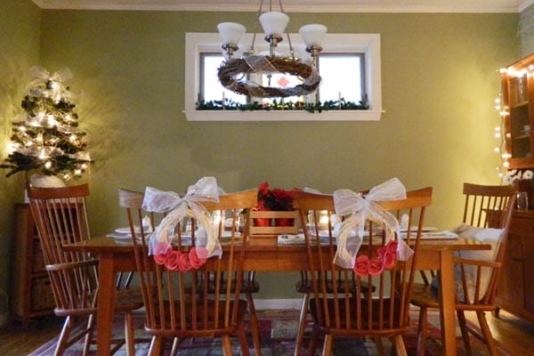 A before photo of the dining room decorated for Christmas