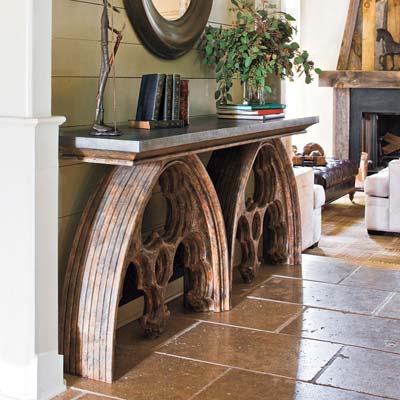 A console table made of salvaged materials