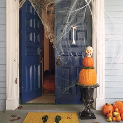 A doorway decorated for Halloween