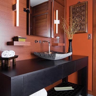 Terra-cotta walls with clove-colored wood paneling in a bathroom.