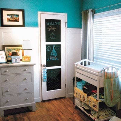 A chalkboard on a closet door