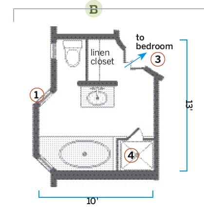 an old floor plan of a squeezed bathroom before the bumpout was added