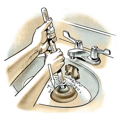 Illustration of person using plunger to unclog sink