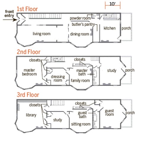 First, second, and third floor floor plans