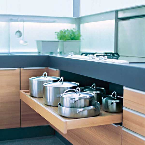 pots and pans on a pull out kitchen drawer